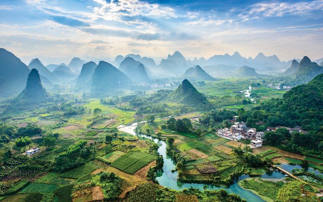 Landscape of Guilin, Li River and Karst mountains. Located near Yangshuo County, Guilin City, Guangxi Province, China.